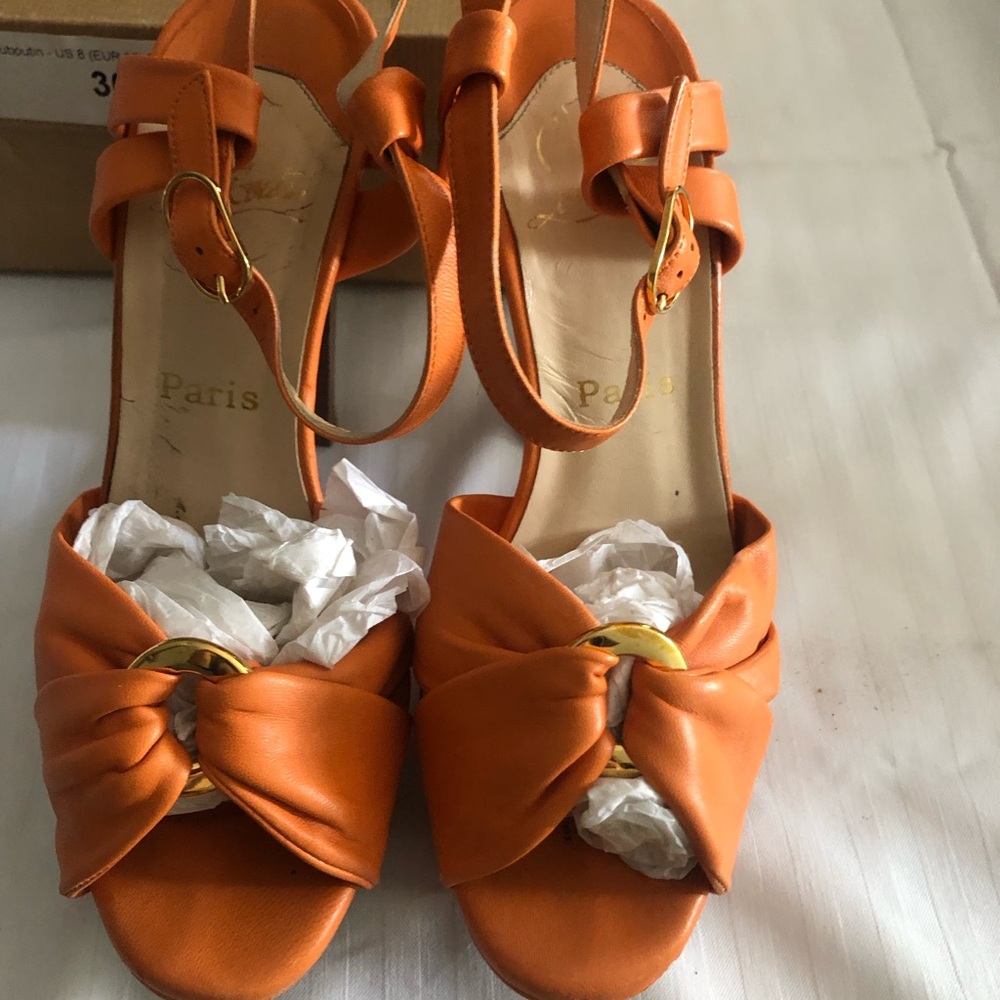 Christian Louboutin Orange Sandals with Gold Accent and Wooden Heels size 38